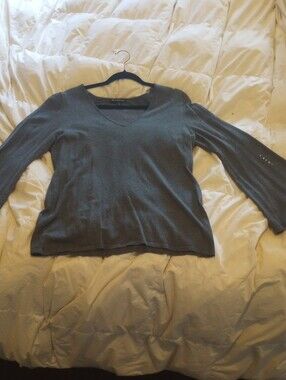 Gray V-Neck  XL Embellished Rhinestone Bell   Sleeve Lightweight Sweater